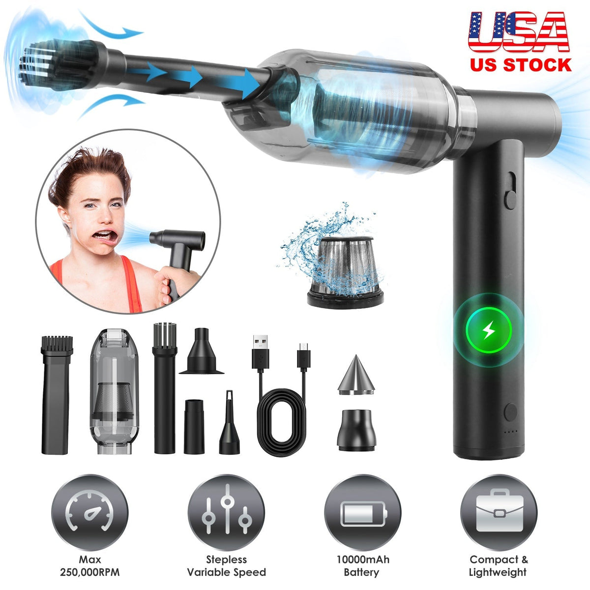 Compressed Air Duster Brushless Motor 250000RPM Stepless Variable Speed 10000mAh Battery Cordless Dust Blower Vacuum Cleaner Portable Jet Dry Blower f