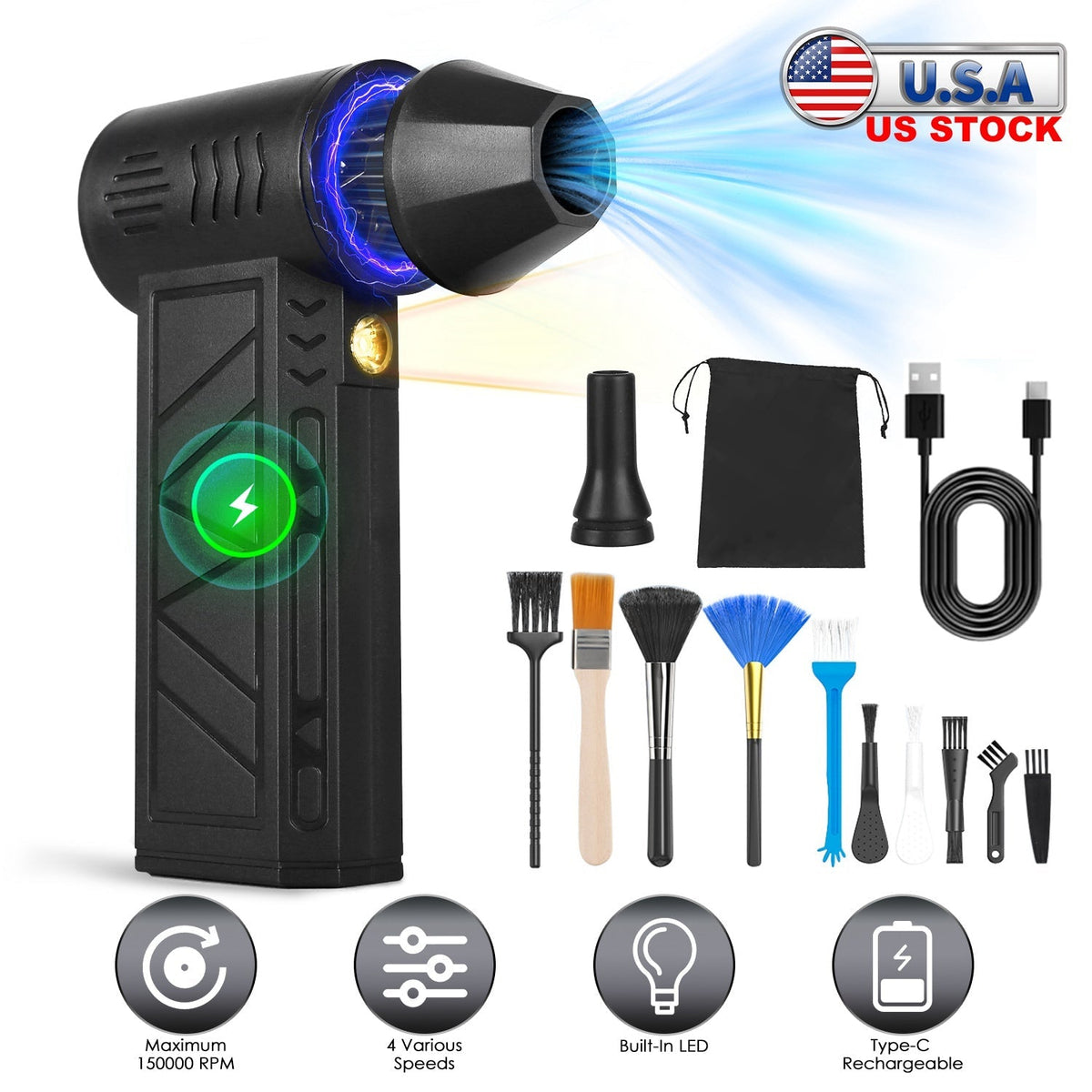 Compressed Air Duster with LED Light Up to 150000RPM Speed for PC Keyboard Cleaning High Speed Rechargeable Cordless Air Blower with 4 Speeds for Home