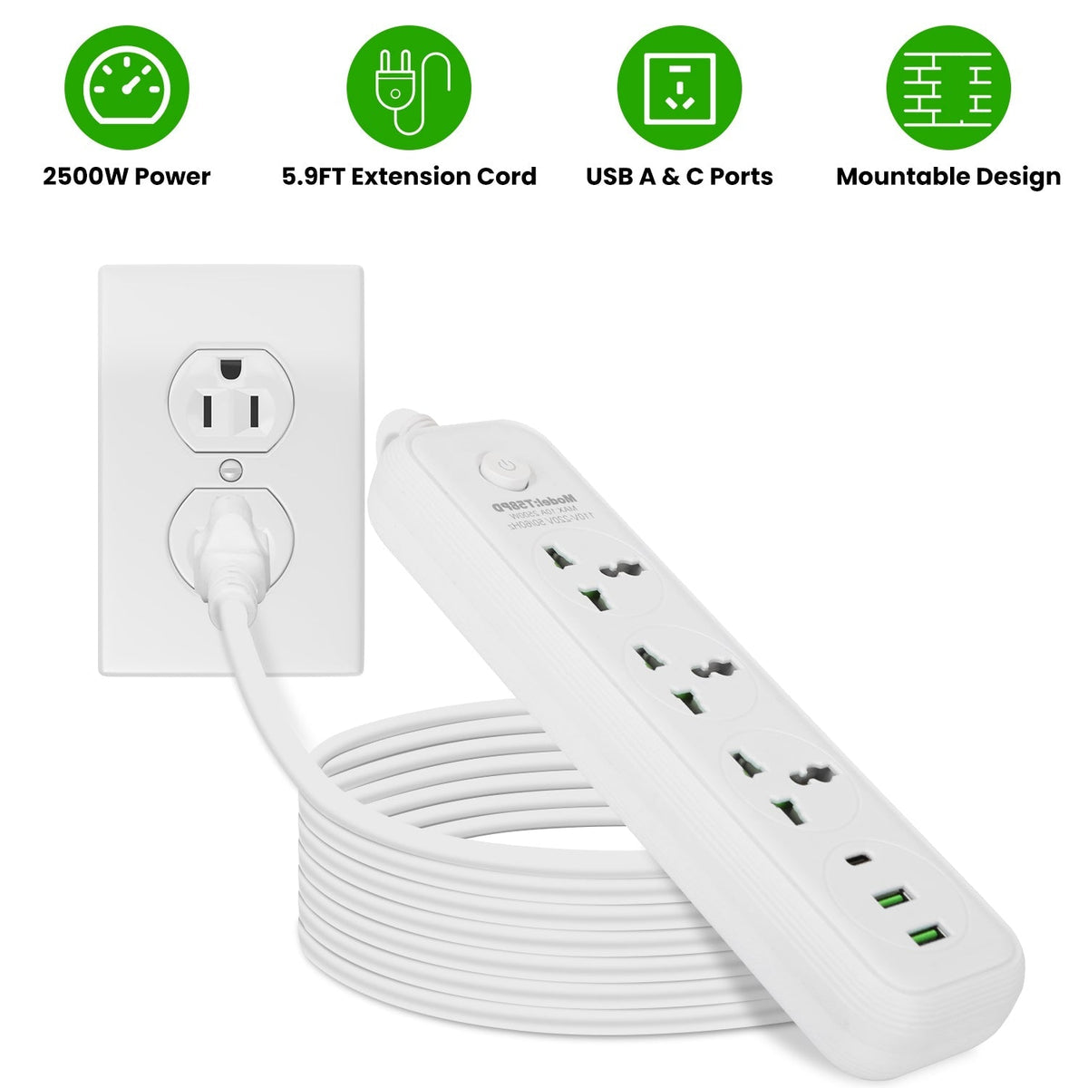 Power Strip with 5.9FT Extension Cord 3 AC Outlets and 2 USB A Ports 1 USB C Port 2500W Wall Mount Outlet Extender For Home Office Dorm Travel
