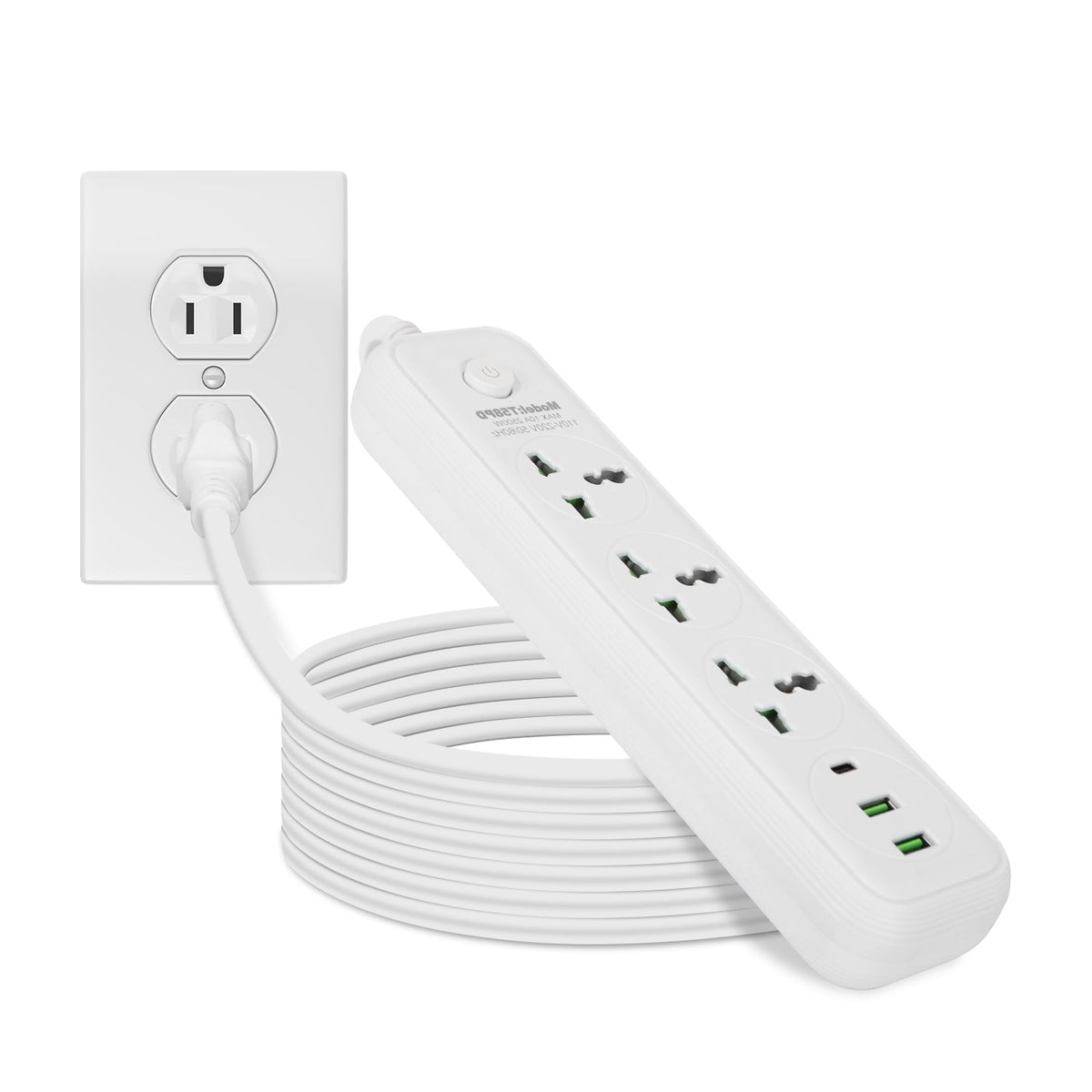 Power Strip with 5.9FT Extension Cord 3 AC Outlets and 2 USB A Ports 1 USB C Port 2500W Wall Mount Outlet Extender For Home Office Dorm Travel