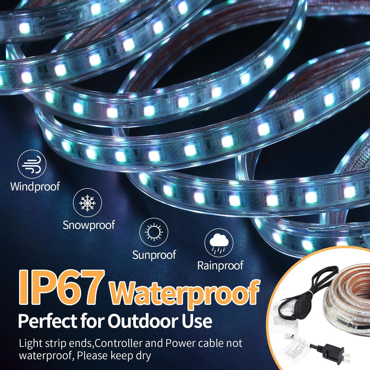 50 FT Waterproof Led Strip Lights for Outdoor Indoor, Cool White, Warm White, Blue, 16 Multiple Color Changing Led Light with Remote Control