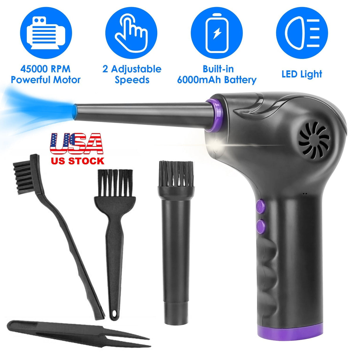 Electric Cordless Air Duster Blower Compressed Air Duster for Computer Keyboard PC Portable Rechargeable Air Blower with Built-in LED Light