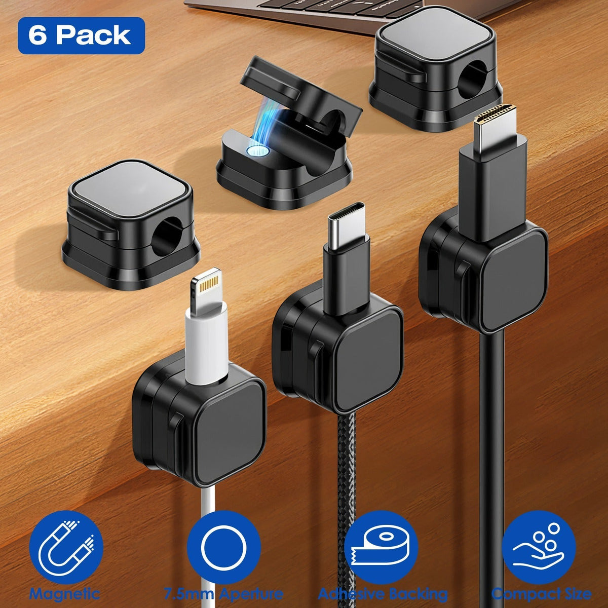 6 Pack Magnetic Cable Clips Magnetic Cord Organizer Adhesive Wire Holder For Home Office Car Desk Nightstand Wall