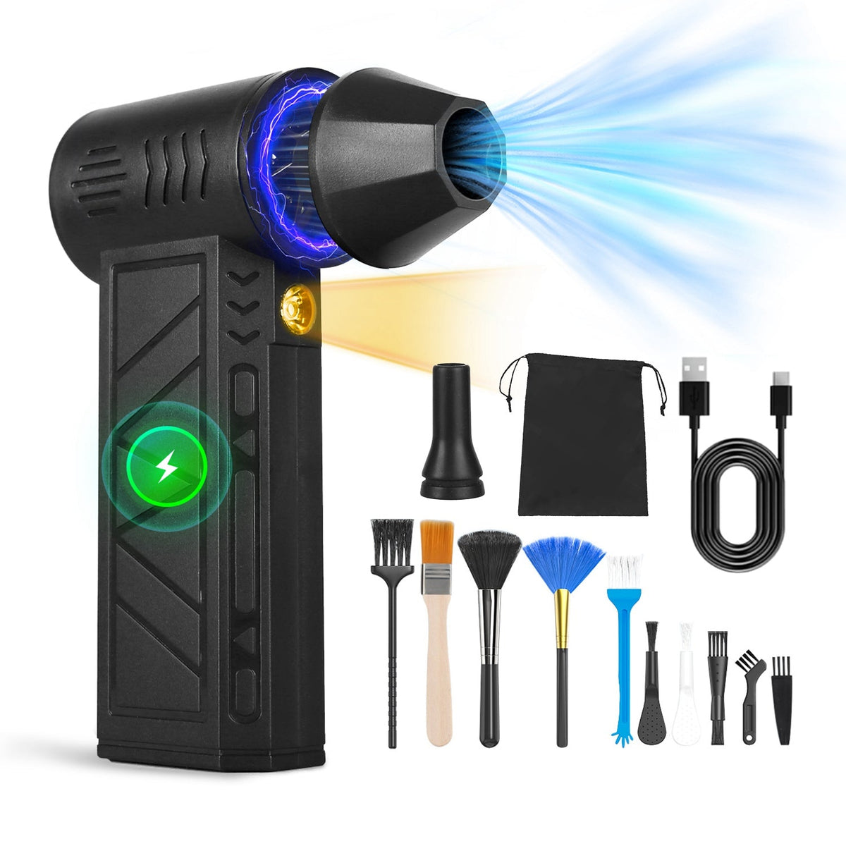 Compressed Air Duster with LED Light Up to 150000RPM Speed for PC Keyboard Cleaning High Speed Rechargeable Cordless Air Blower with 4 Speeds for Home