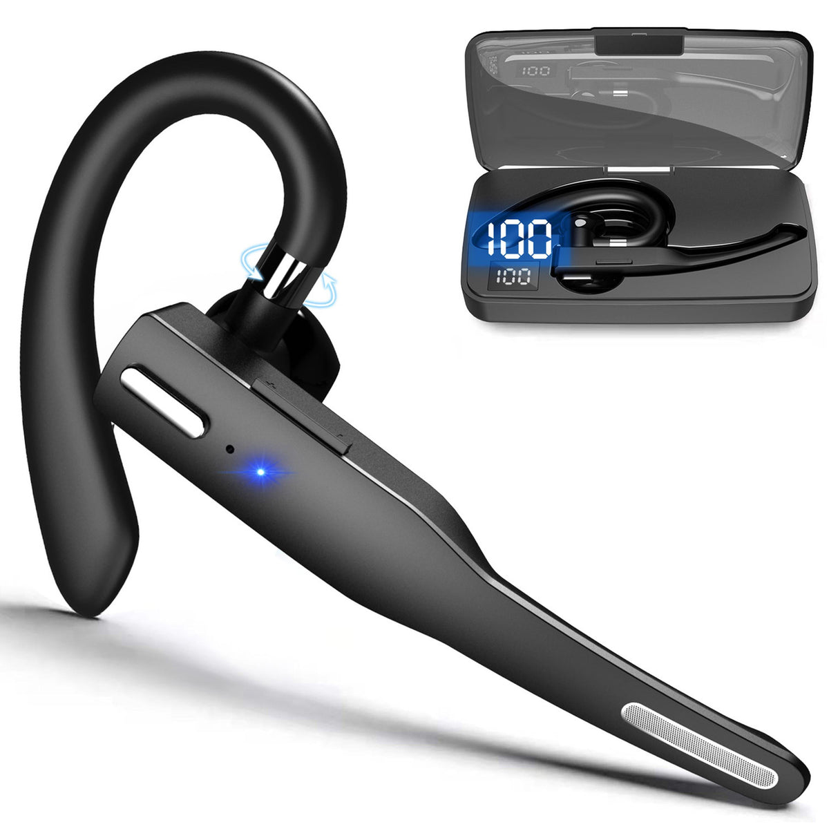 Unilateral Wireless V5.1 Business Earpiece with Charging Case Rechargeable Wireless in-Ear Headset with Hook for Car Driving Phone Call Office
