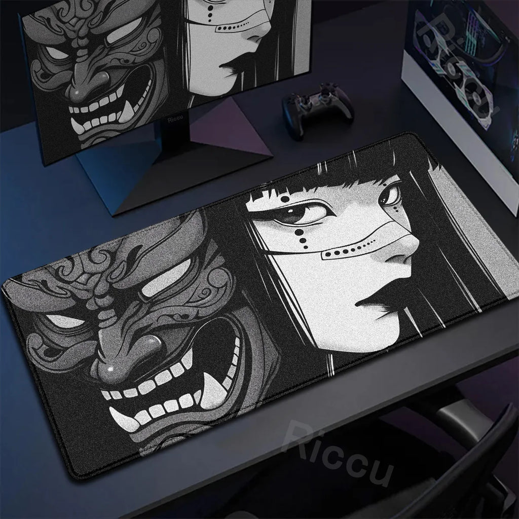 40x90cm Gaming Samurai Oni Mouse Pad Japan Mask Girl Deskmat Large Gamer Professional Premium Mousepad Speed Control Accessories
