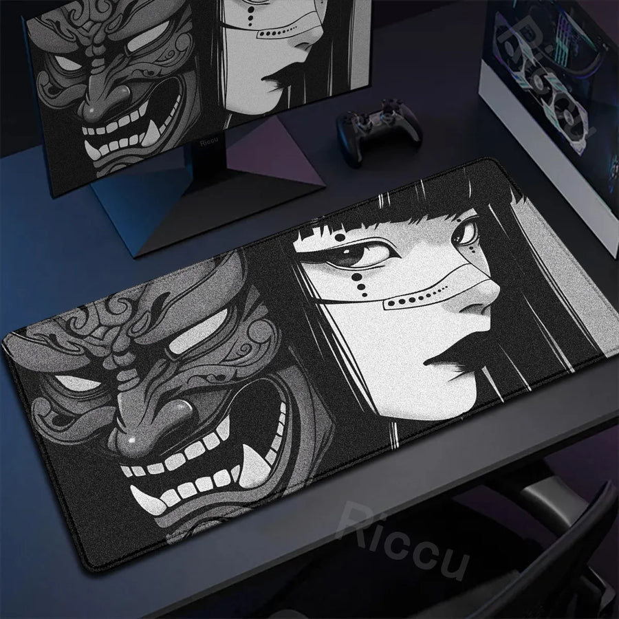 40x90cm Gaming Samurai Oni Mouse Pad Japan Mask Girl Deskmat Large Gamer Professional Premium Mousepad Speed Control Accessories