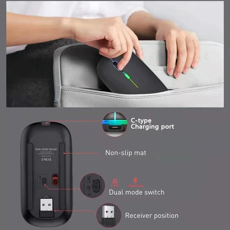 Wireless Mouse Bluetooth and 2.4GHz Dual Modes Rechargeable RGB Ergonomic Silent Click for PC iPad Laptop Cell Phone TV