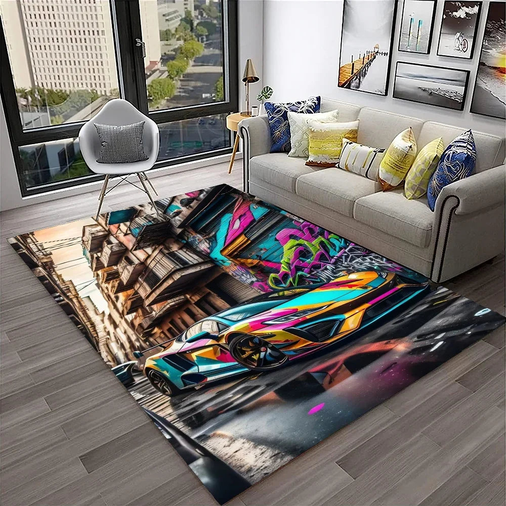Sports Car Racing Car Carpet Rug for Home Living Room Bedroom Playroom Sofa Doormat Decor,Kids Game Area Rug Non-slip Floor Mat