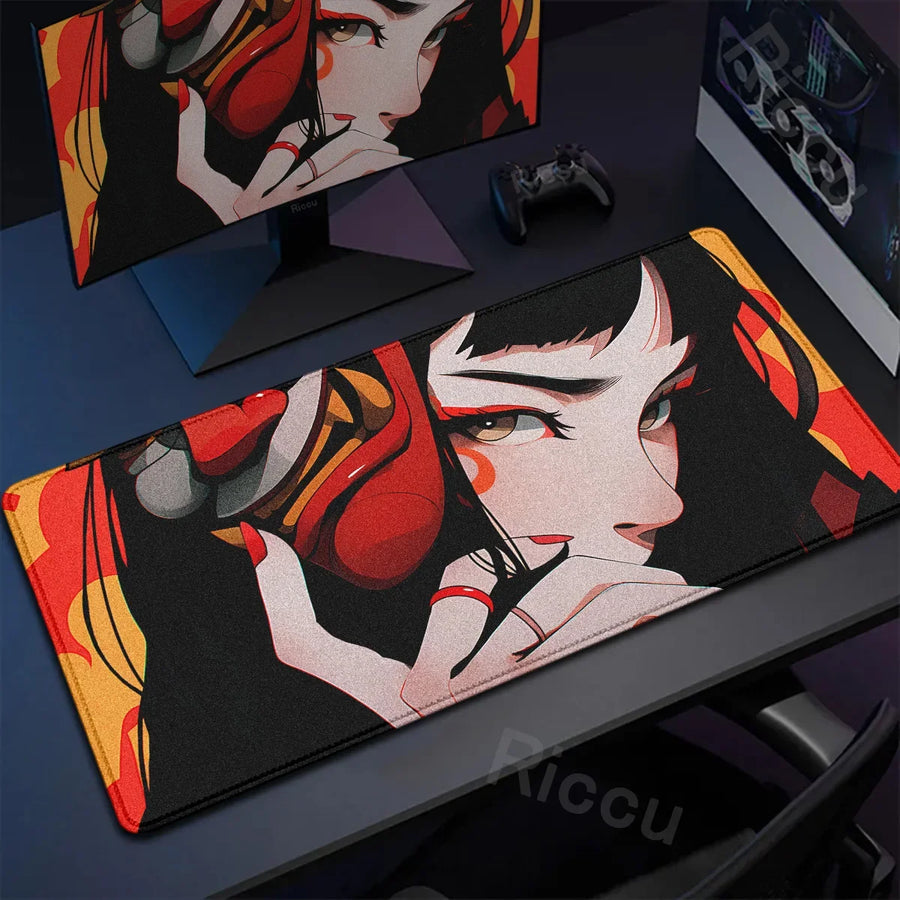 40x90cm Gaming Samurai Oni Mouse Pad Japan Mask Girl Deskmat Large Gamer Professional Premium Mousepad Speed Control Accessories