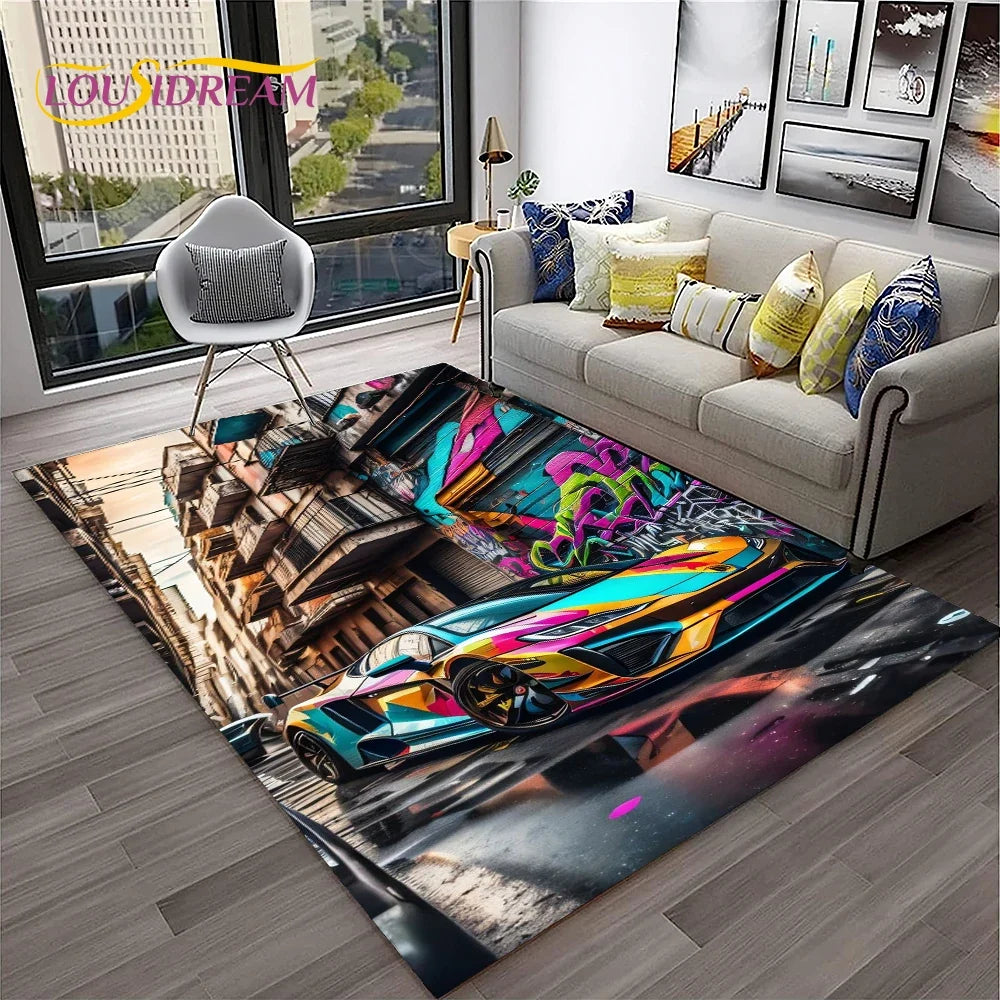 Sports Car Racing Car Carpet Rug for Home Living Room Bedroom Playroom Sofa Doormat Decor,Kids Game Area Rug Non-slip Floor Mat
