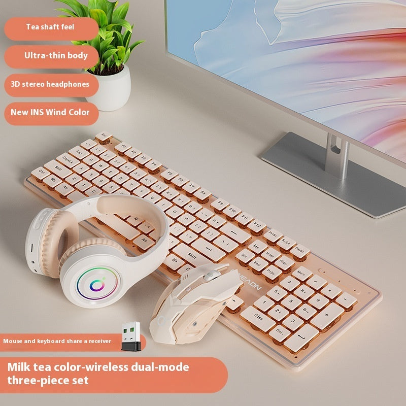 Prewalker V3 Wired Mute Keyboard Mouse Suit Mechanical Feeling Girls Office Typing Wireless Bluetooth Computer