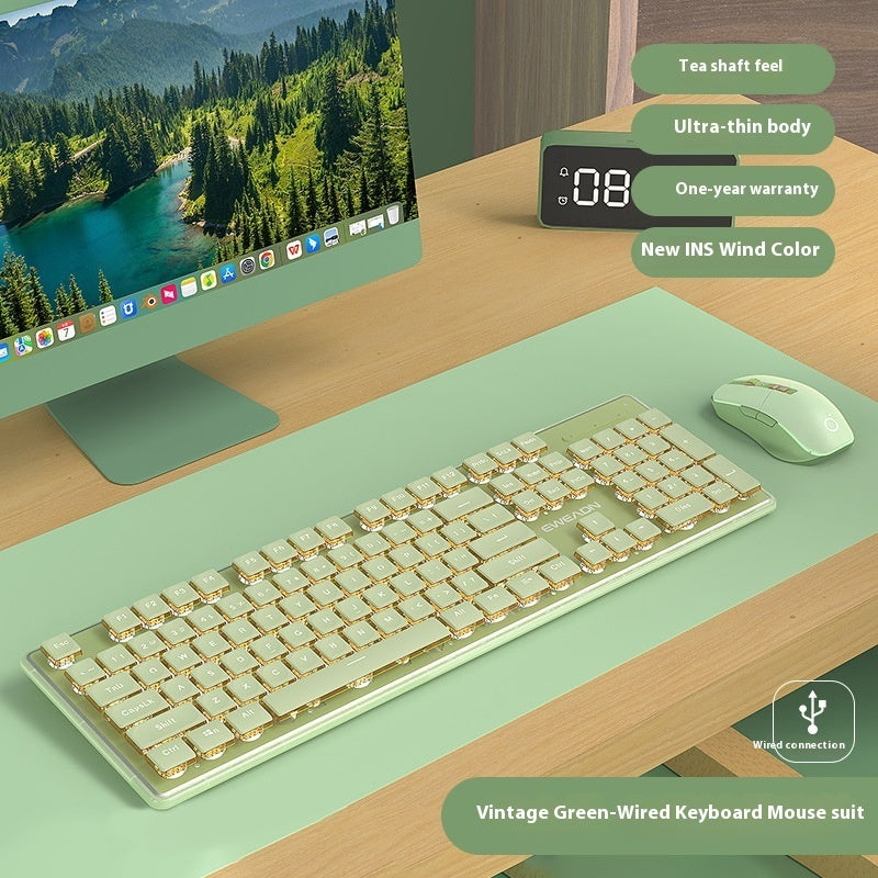 Prewalker V3 Wired Mute Keyboard Mouse Suit Mechanical Feeling Girls Office Typing Wireless Bluetooth Computer