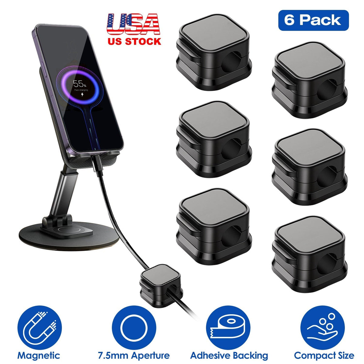 6 Pack Magnetic Cable Clips Magnetic Cord Organizer Adhesive Wire Holder For Home Office Car Desk Nightstand Wall