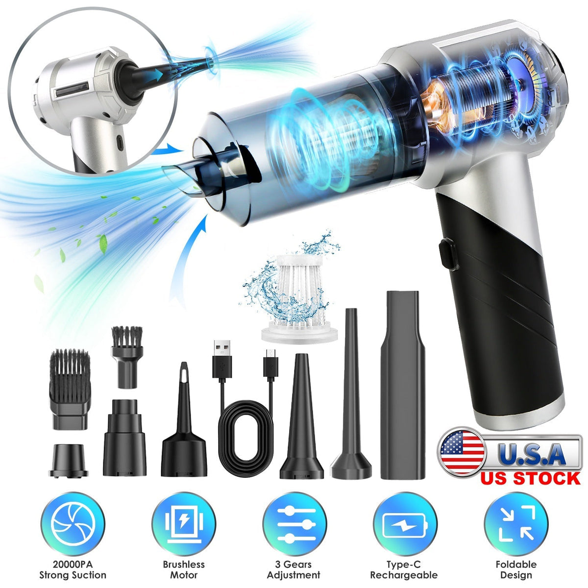 Cordless Car Vacuum Cleaner Portable Handheld Vacuum With 20000PA Suction Brushless Motor 3 Suction Levels Type-C Rechargeable Compressed Air Duster B