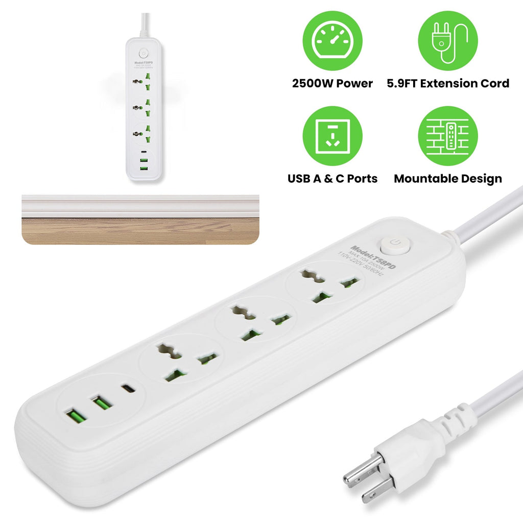 Power Strip with 5.9FT Extension Cord 3 AC Outlets and 2 USB A Ports 1 USB C Port 2500W Wall Mount Outlet Extender For Home Office Dorm Travel